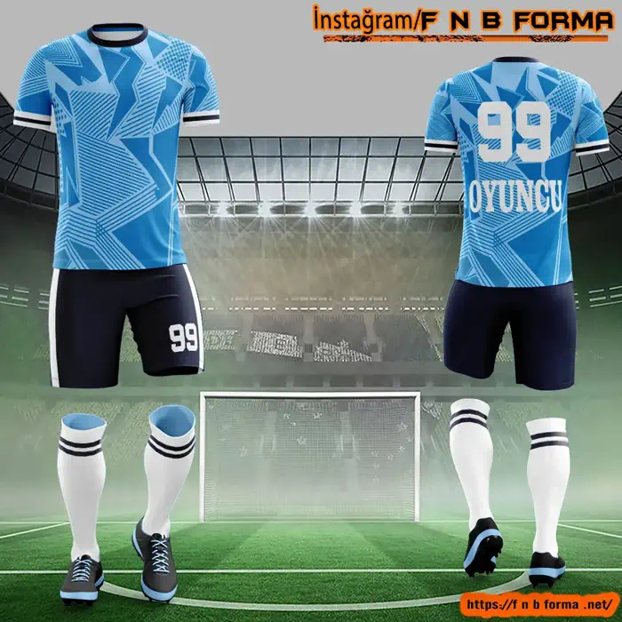 Açık mavi zemin beyaz ve lacivert geometrik desenli forma